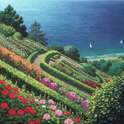 The primary subject of the image is a beautiful garden with a variety of flowers, including red and pink ones. The garden is situated on a hillside overlooking the ocean, creating a serene and picturesque scene. The visual style of the image is a combination of photo and digital art, giving it a realistic yet artistic appearance. The colors and mood of the image are predominantly warm and inviting, with the vibrant flowers and the ocean in the background creating a sense of tranquility and natural beauty.